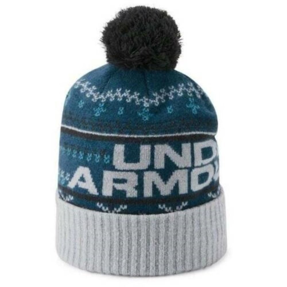 Under Armour Winter Hat Blue Retro Pom Pom Beanie Cuffed Knit OS Teen Adult